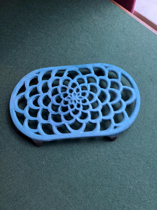 Cast Iron decorative green trivet. 4 footed vintage oval trivet.
