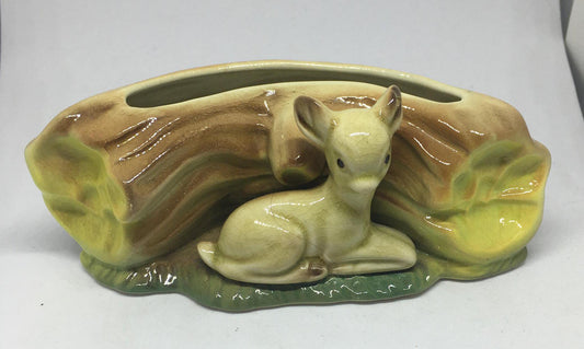 Vintage Hornsea pottery baby deer log planter bud vase. 1950's.