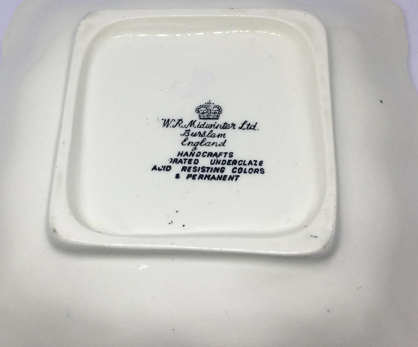 Unusual square trinket dish. WR Midwinter. Ruffled edge. Leaf pattern.