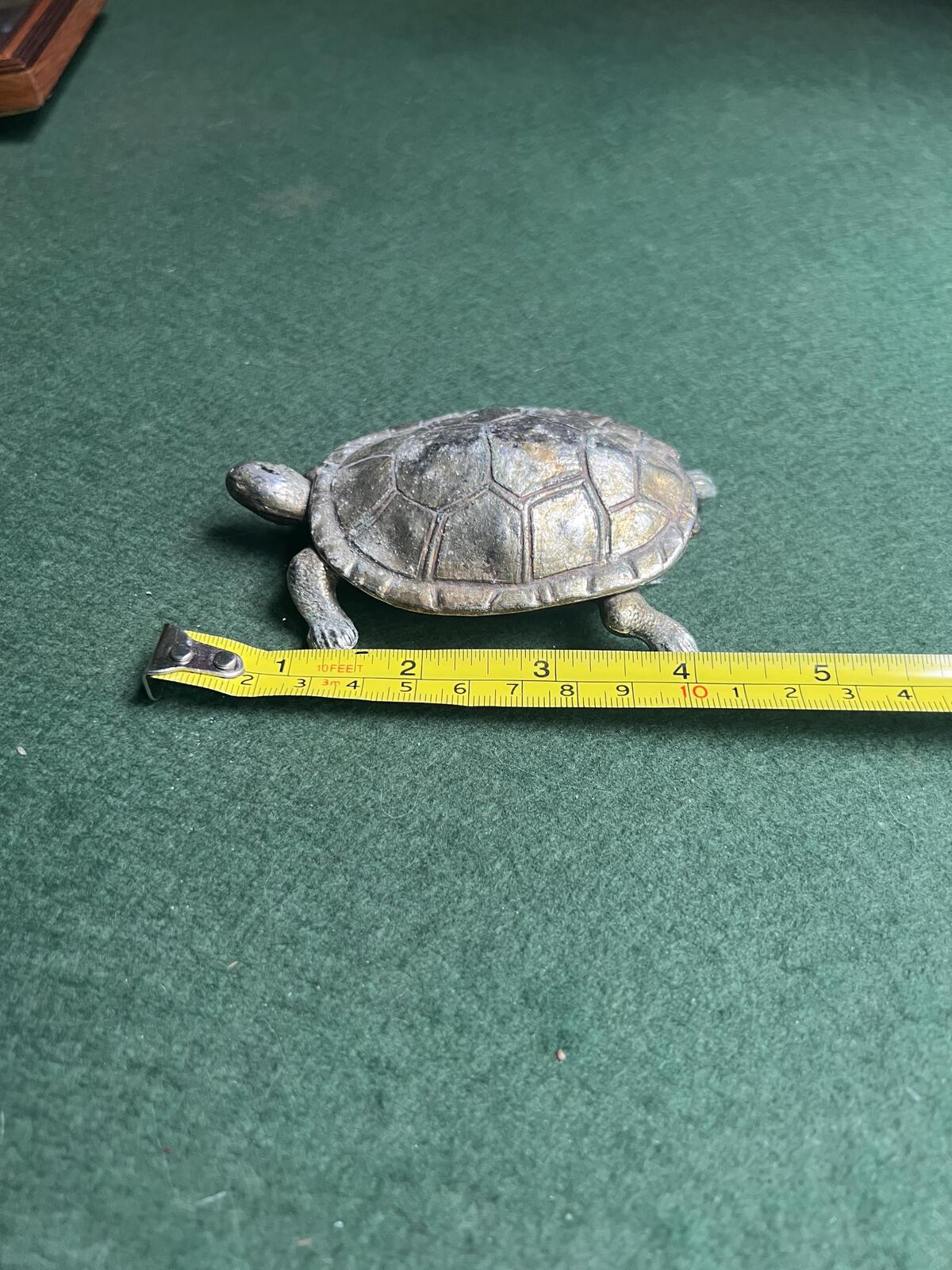 Vintage metal tortoise lidded ashtray trinket box. Quirky tobacciana collector gift.