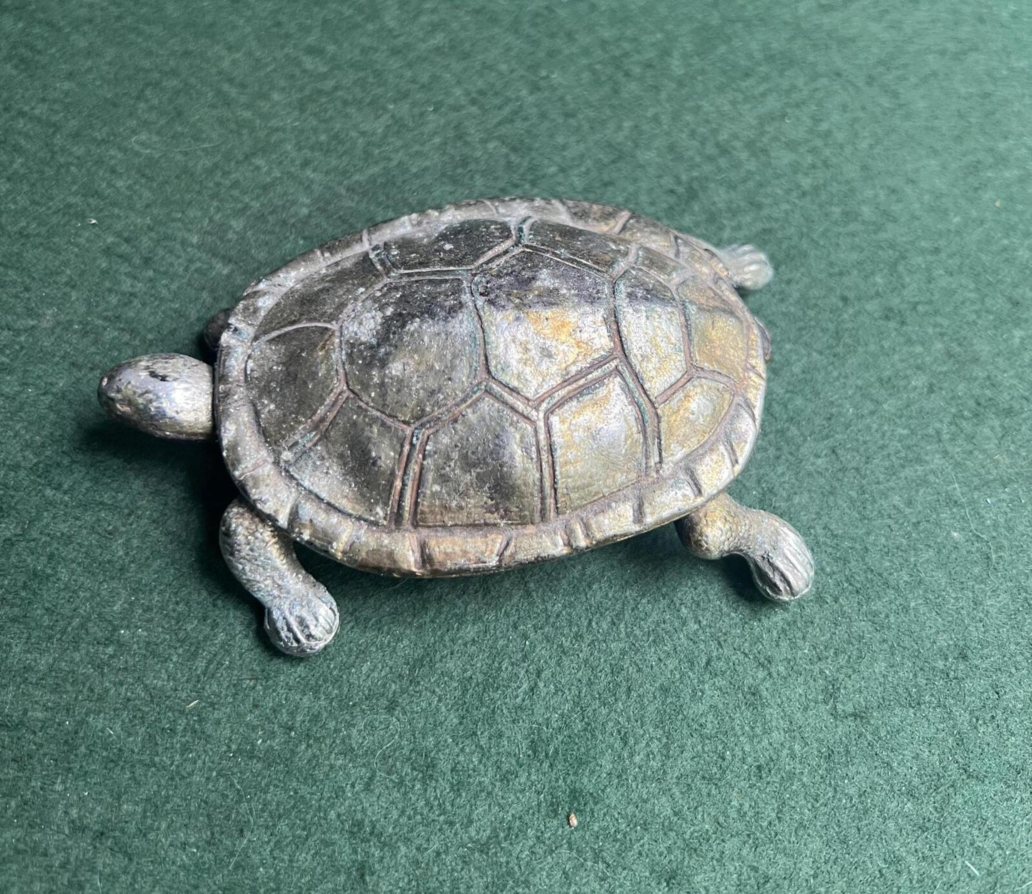 Vintage metal tortoise lidded ashtray trinket box. Quirky tobacciana collector gift.