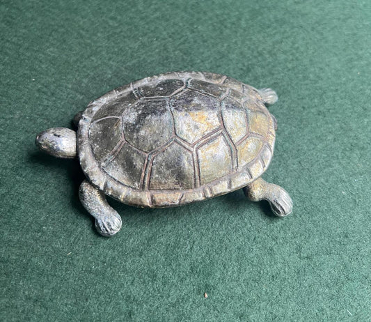 Vintage metal tortoise lidded ashtray trinket box. Quirky tobacciana collector gift.