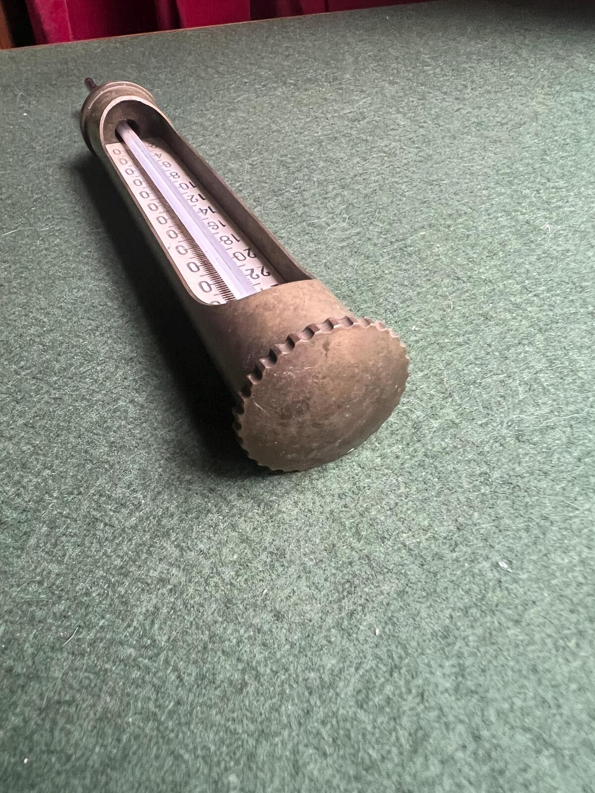 Vintage industrial brass thermometer gauge. Boiler engine temperature measurer. Scientific instrument collector gift.