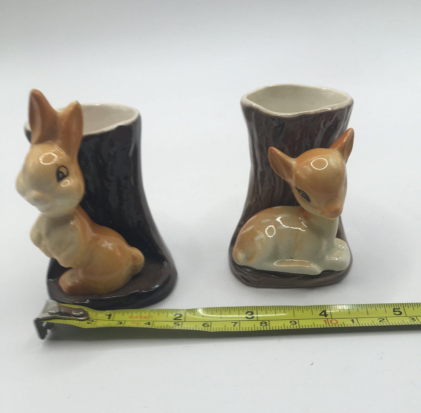 Hornsea pottery bud posy vases. Rabbit and baby deer by tree stumps. 2 available.