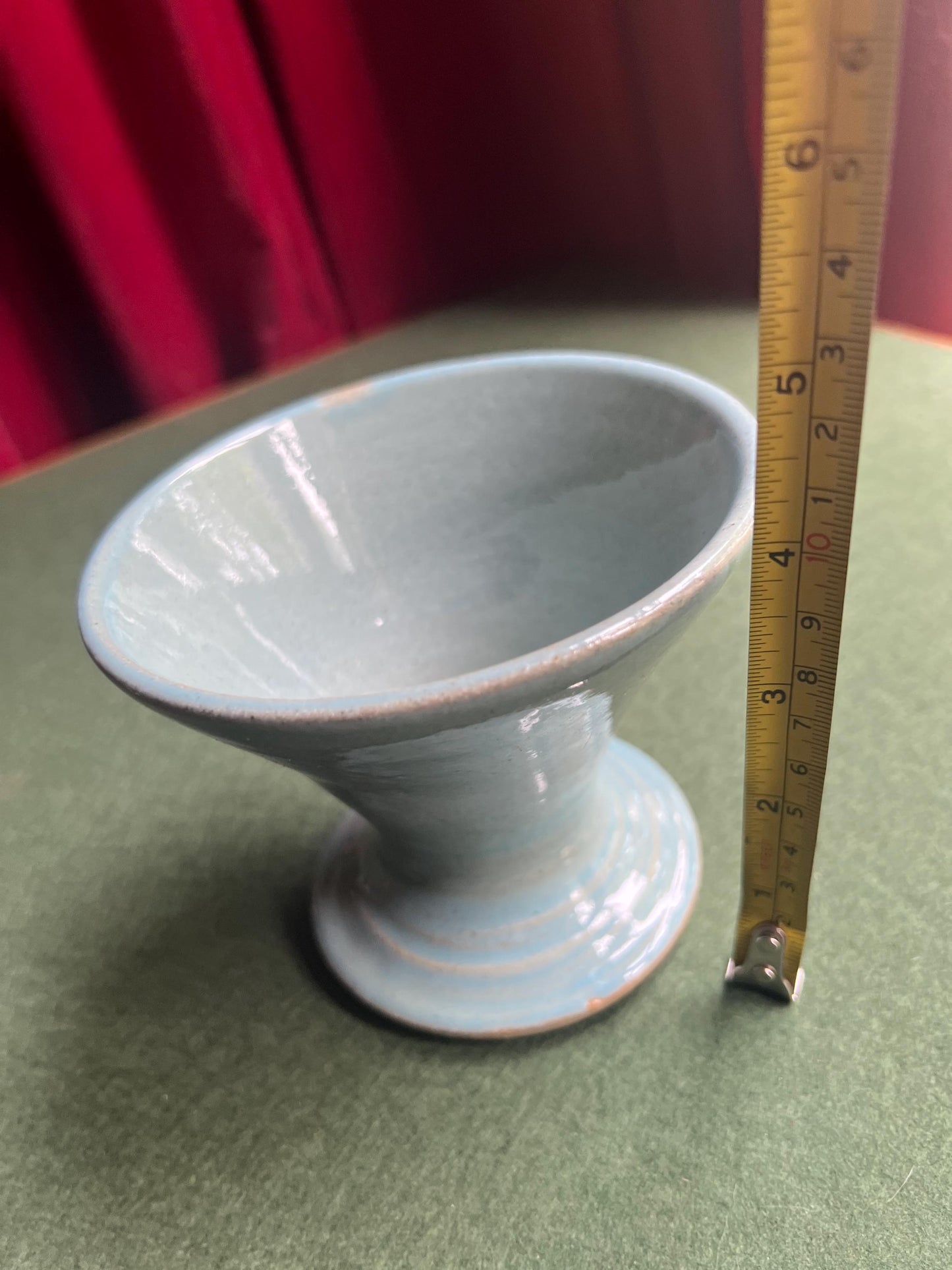Studio pottery coffee filter holder. Blue grey glaze hand thrown ceramic pour over coffee dripper.  Stamped miczka.