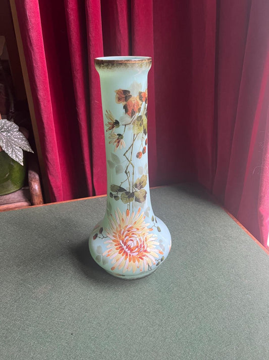 Antique uranium glass hand painted enamel floral vase. Harrach Bohemian glass tall decorative vase.