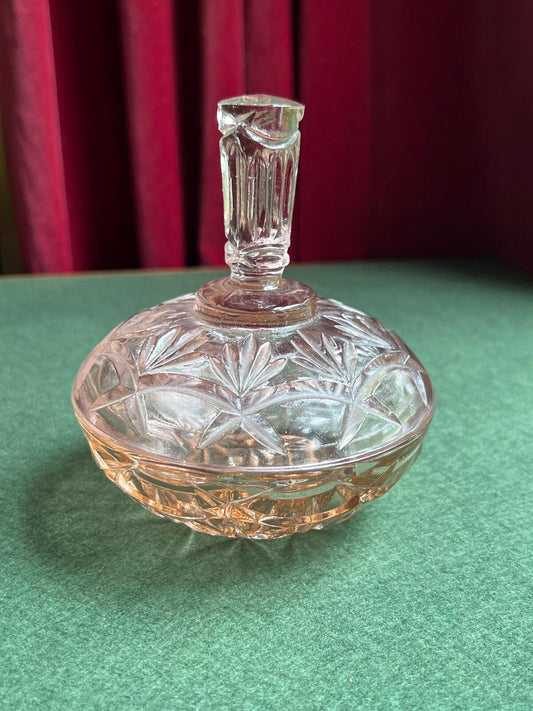 Pink depression glass lidded candy bowl. 1940s Dressing table trinket bowl.