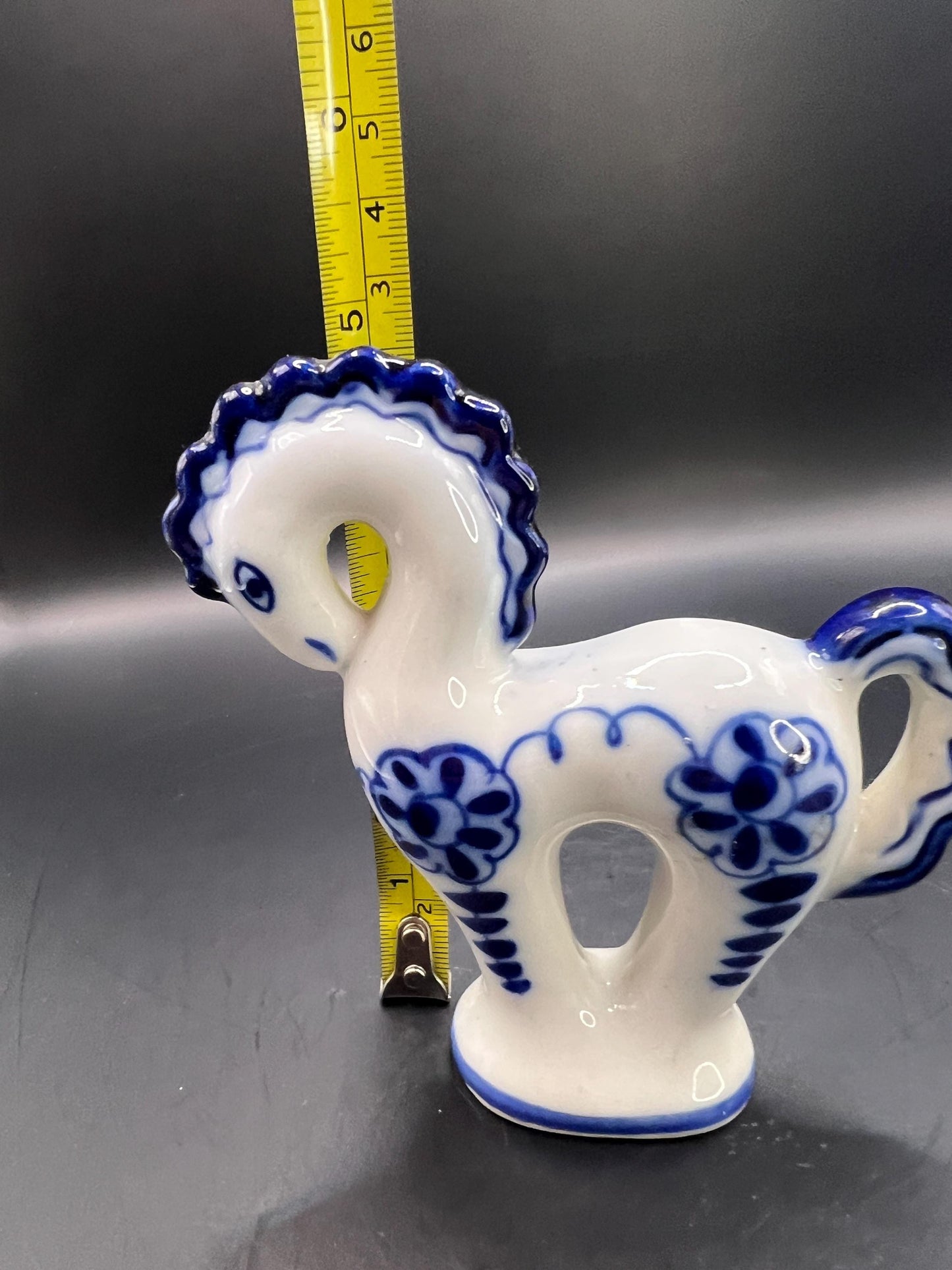 Porcelain Horse Figurine Gzhel Hand Painted Stamped Made in USSR.