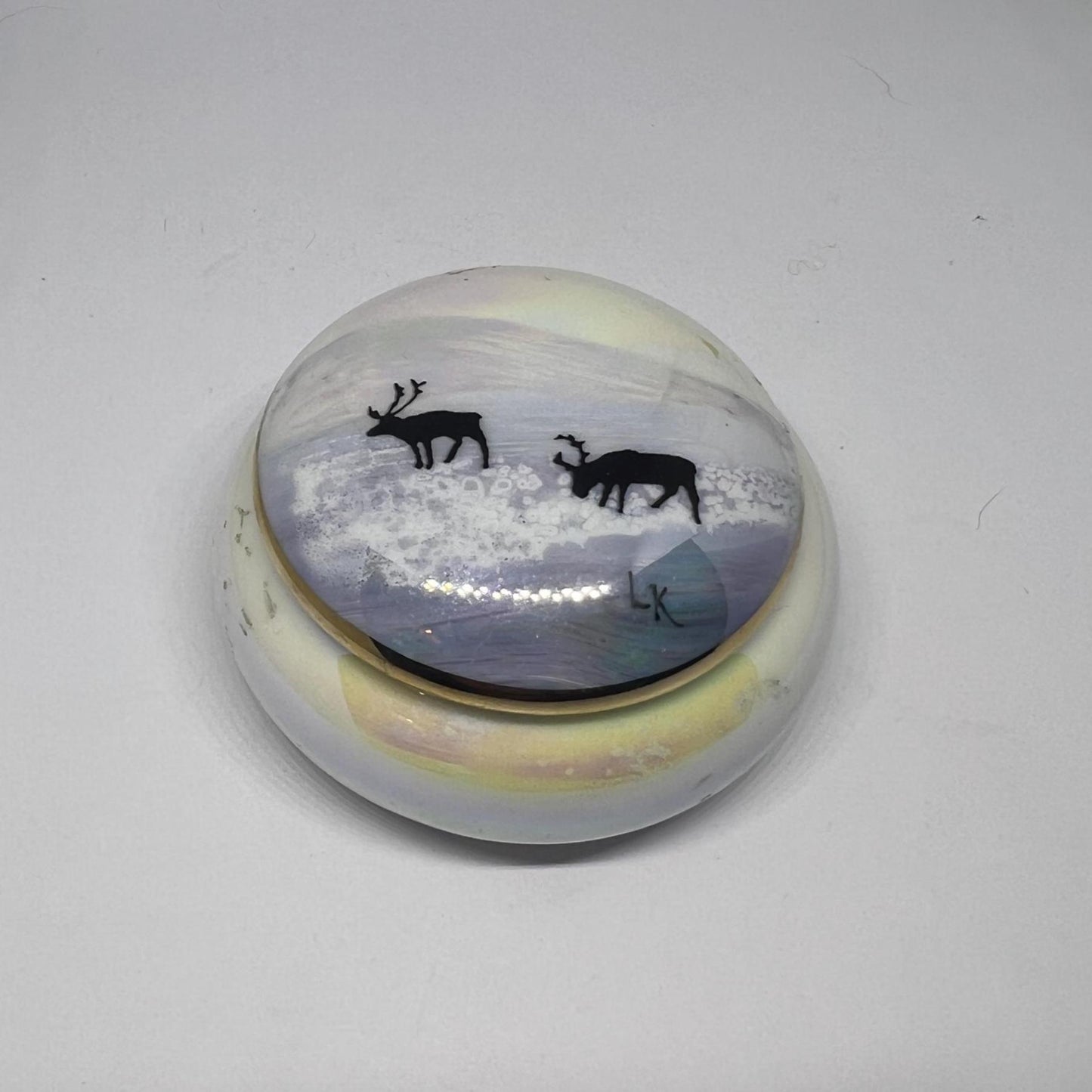Vintage ceramic trinket box. Winter snowy Reindeer scene. Original sticker Hand-painted by Leena Kostiander Finland.