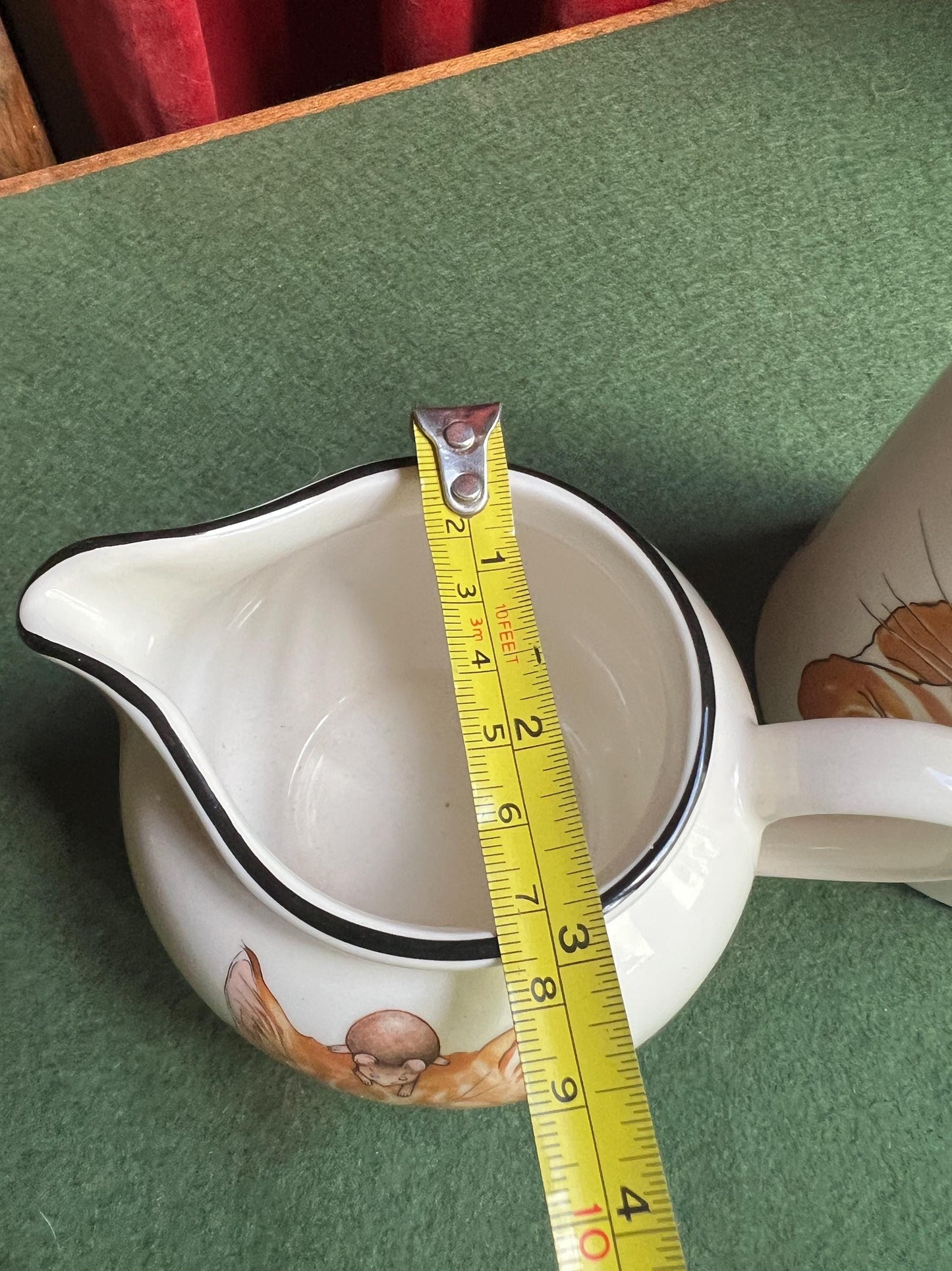 Vintage Arthur Wood milk jug and water jug, Cat and mouse design. Back to front ginger tabby cat with brown mouse. Sold Separately.