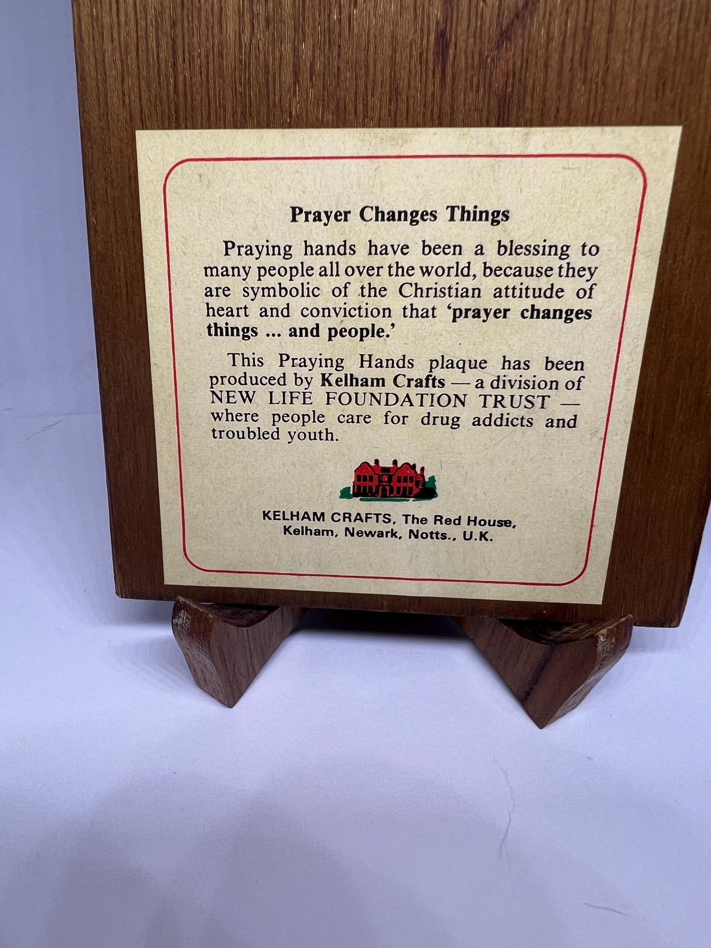 Praying Hand plaque. Kelham Crafts New Life Foundation Trust Newark Notts Uk.