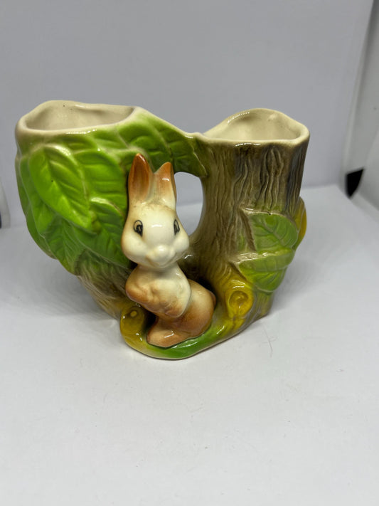 Bunny posy vase with tree stump. Stamped Pottery Fauna Withernsea Pottery England.