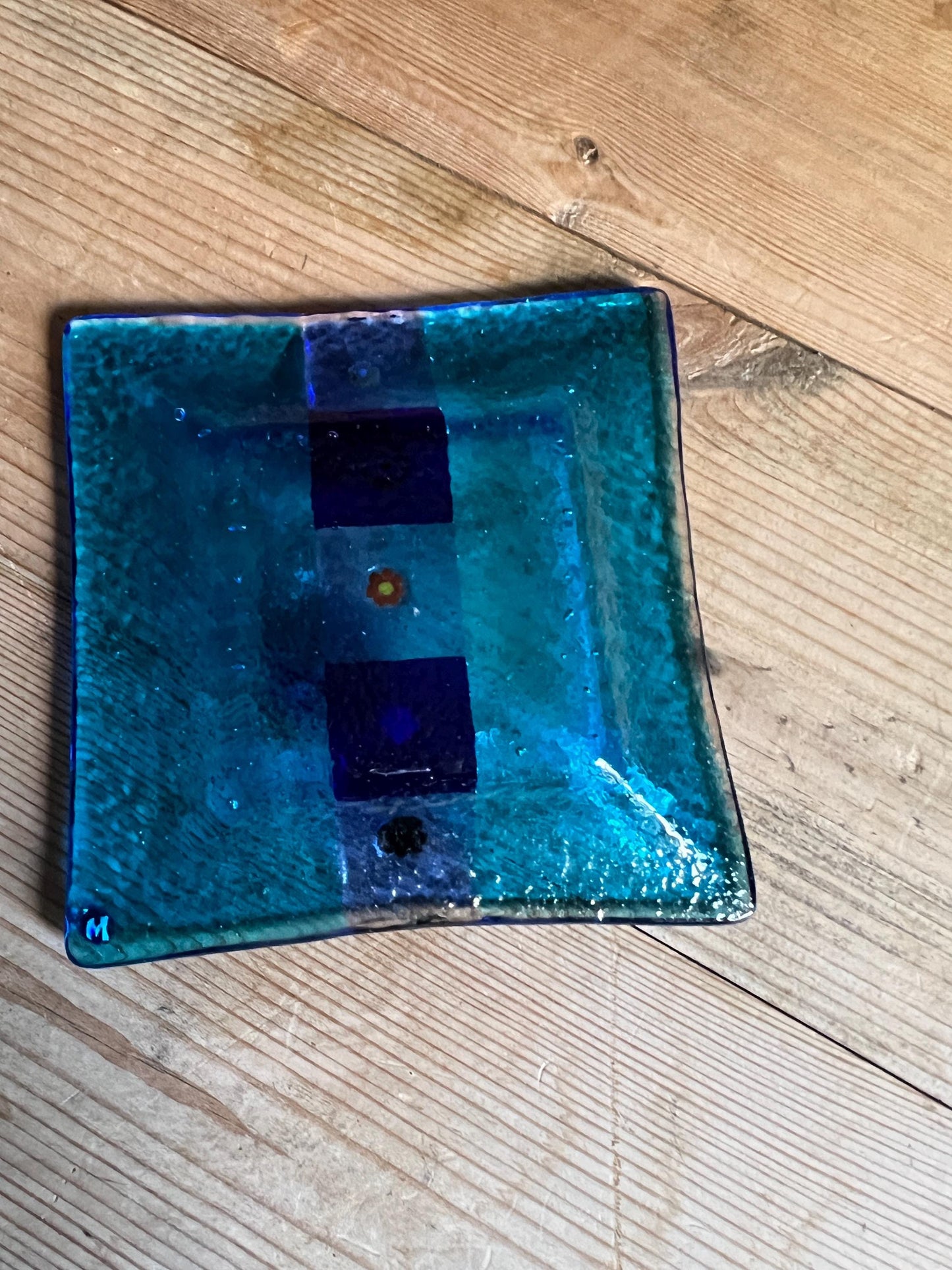 Vintage Murano fused glass trinket dish. Blue glass square plate with millefiori detail.