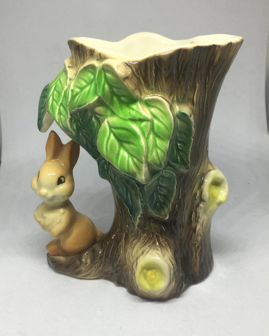 Vintage Hornsea ceramic tree stump vase sitting bunny. Made in England Fauna.