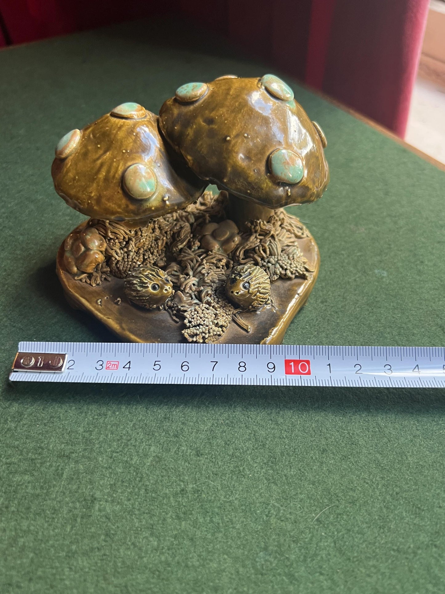Studio pottery toadstools and hedgehogs figurine. Signed by artist YD MA UK. Yare Designs Norfolk.