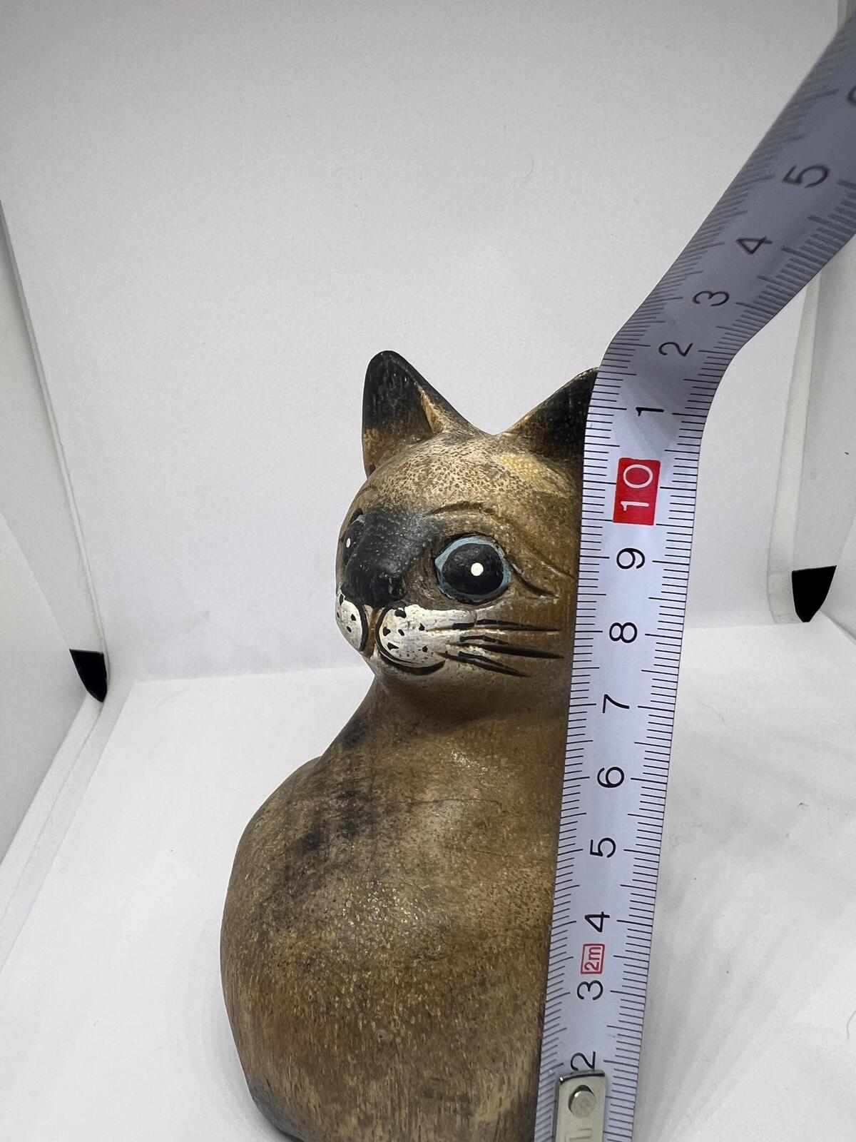 Vintage hand carved wooden cat figurine. Naive Folk art hand painted quirky kitten.