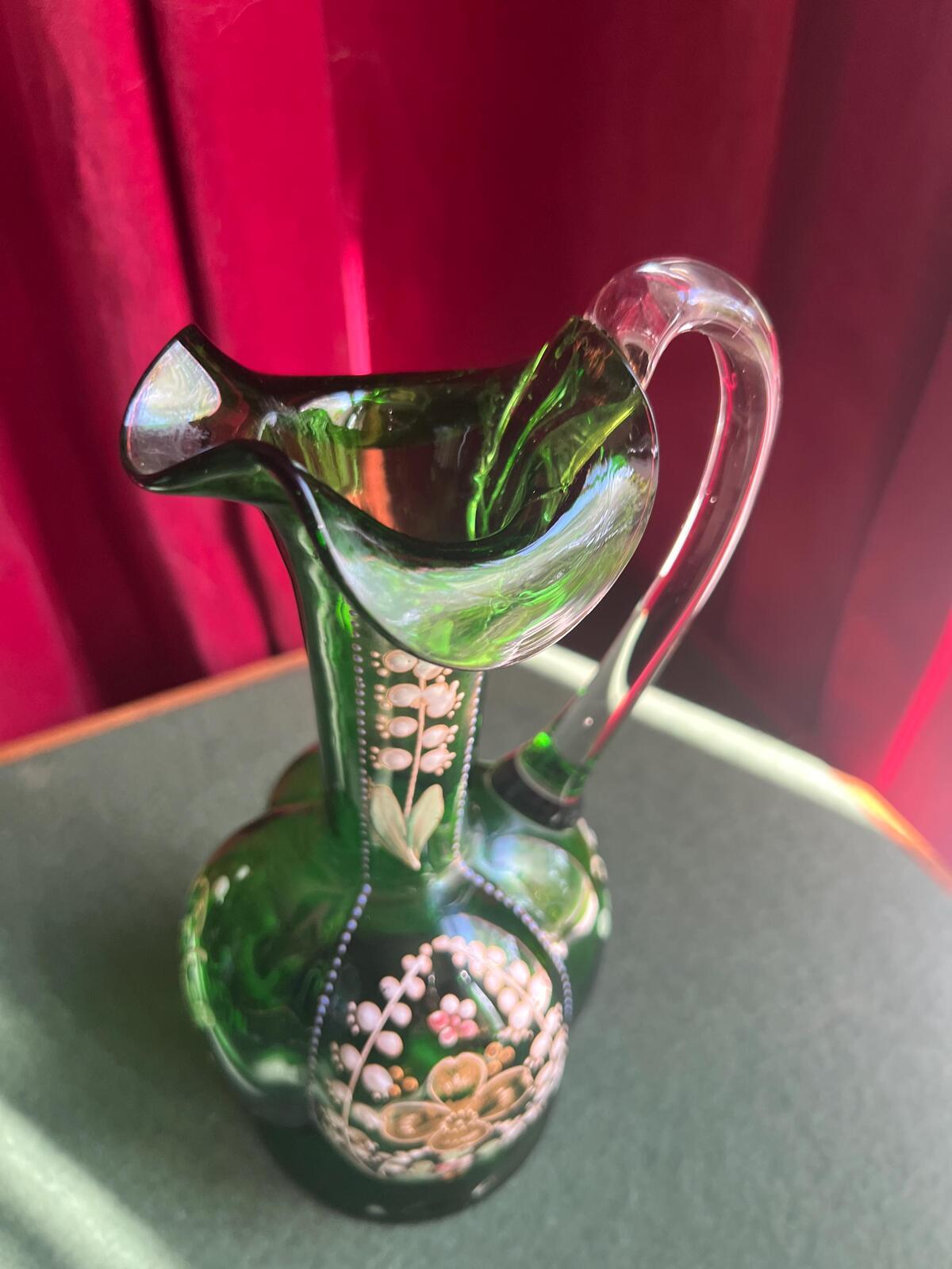 Art Deco Bohemian Green Glass Ewer Jug. Hand painted enamel and gilt floral decor. Art glass collector gift.