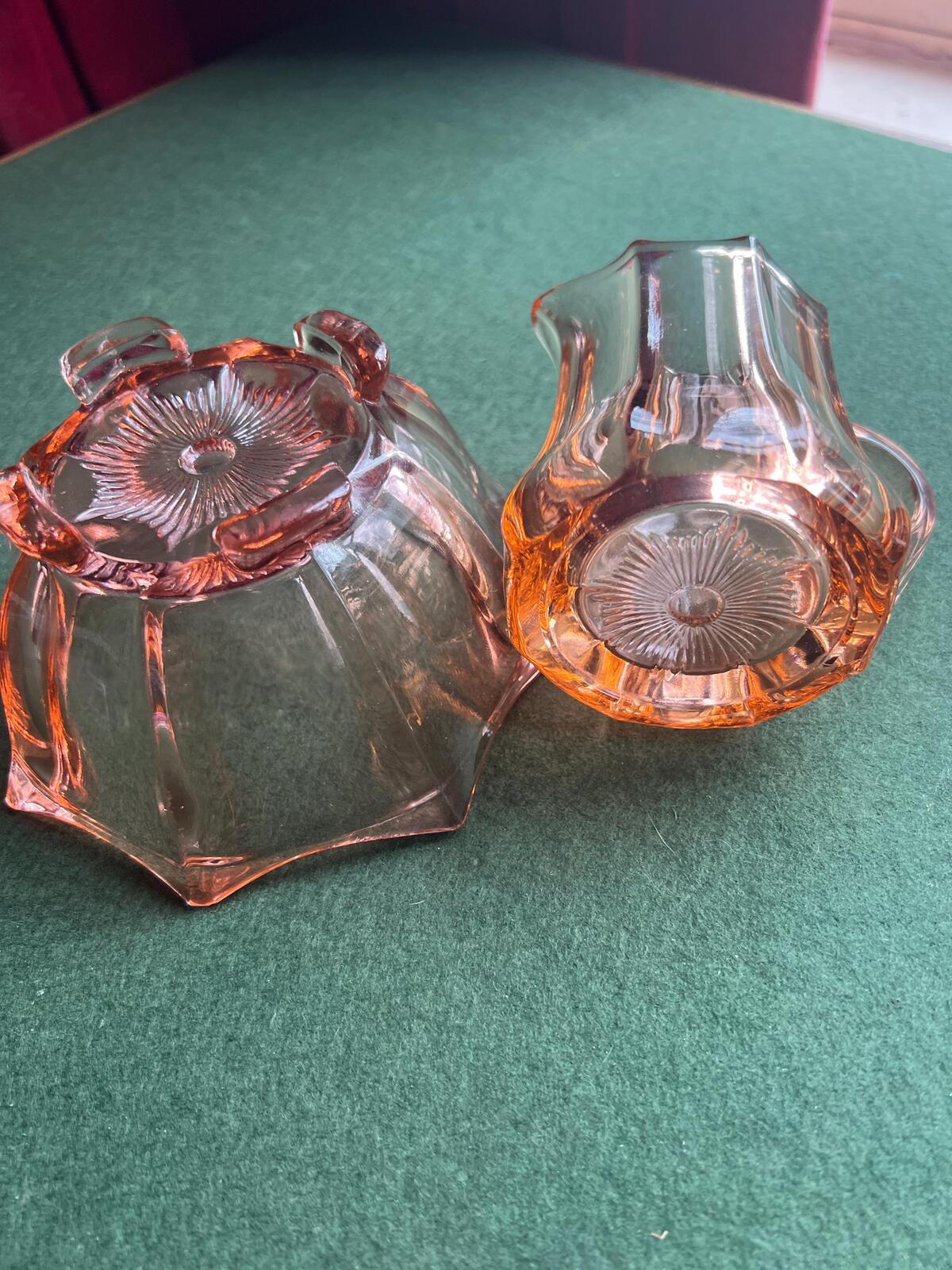 Vintage Art Deco pink depression glass creamer sugar set. Glass collector gift.