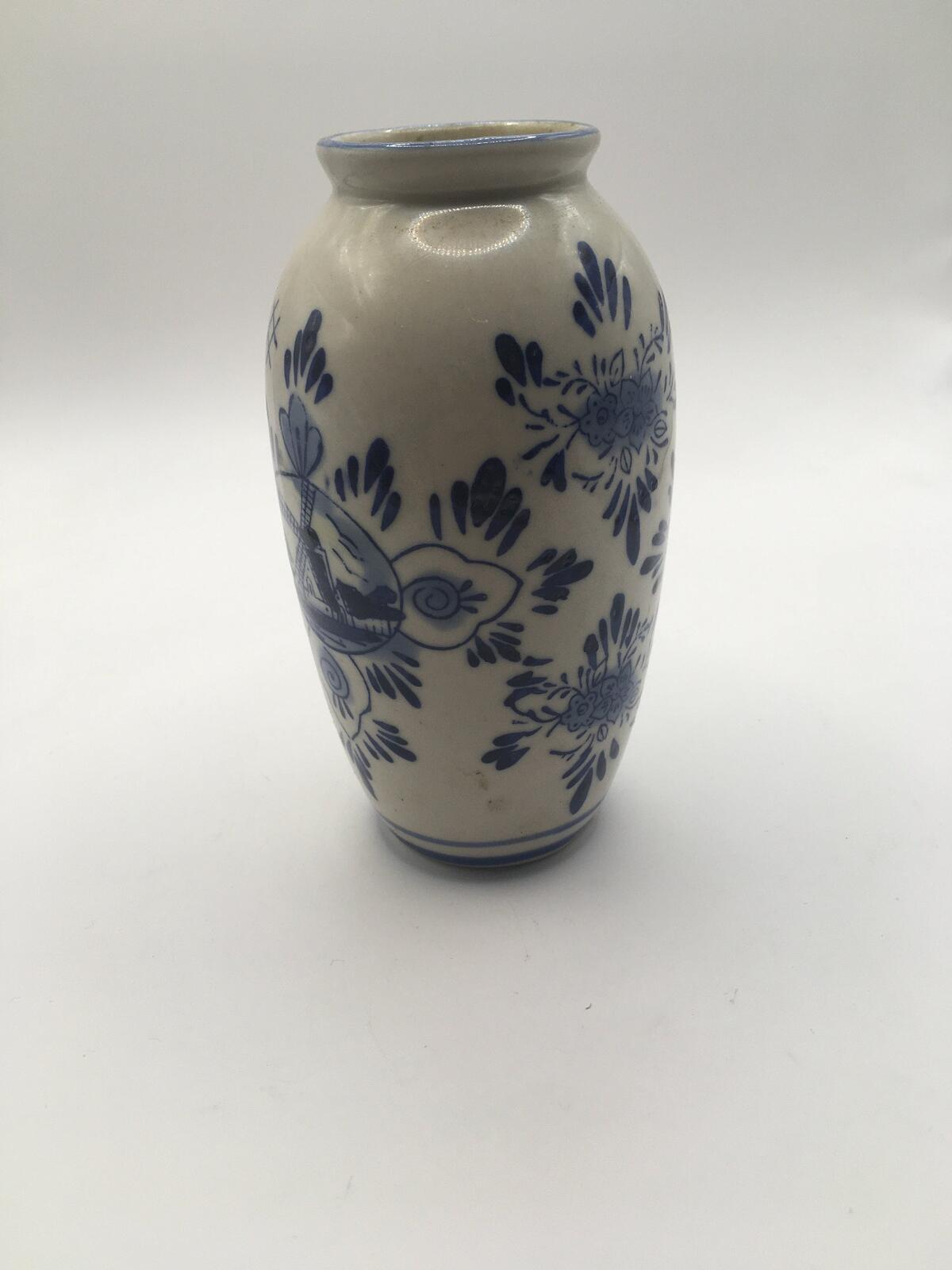 Delft Ware posy bud vase. Windmill and floral decoration Holland pottery vase
