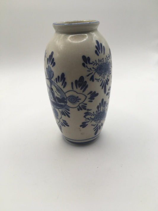 Delft Ware posy bud vase. Windmill and floral decoration Holland pottery vase
