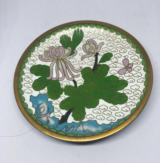 Cloisonné enamel trinket dish. Pink flowers blue and green details.
