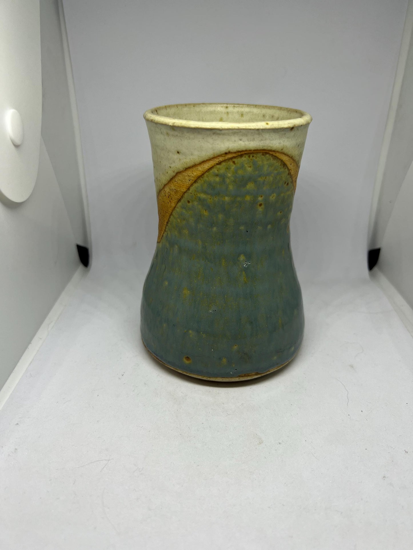 Studio pottery Blue brown speckled glaze flower vase.