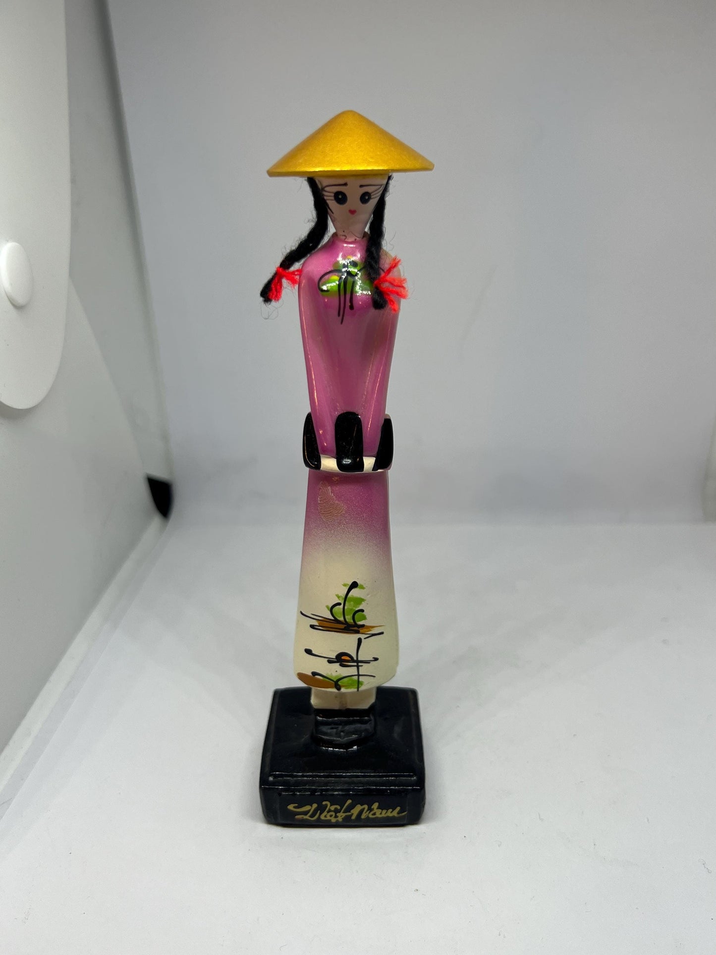 Vietnamese Ao Dai Doll: Polyresin Statue with Conical Hat.