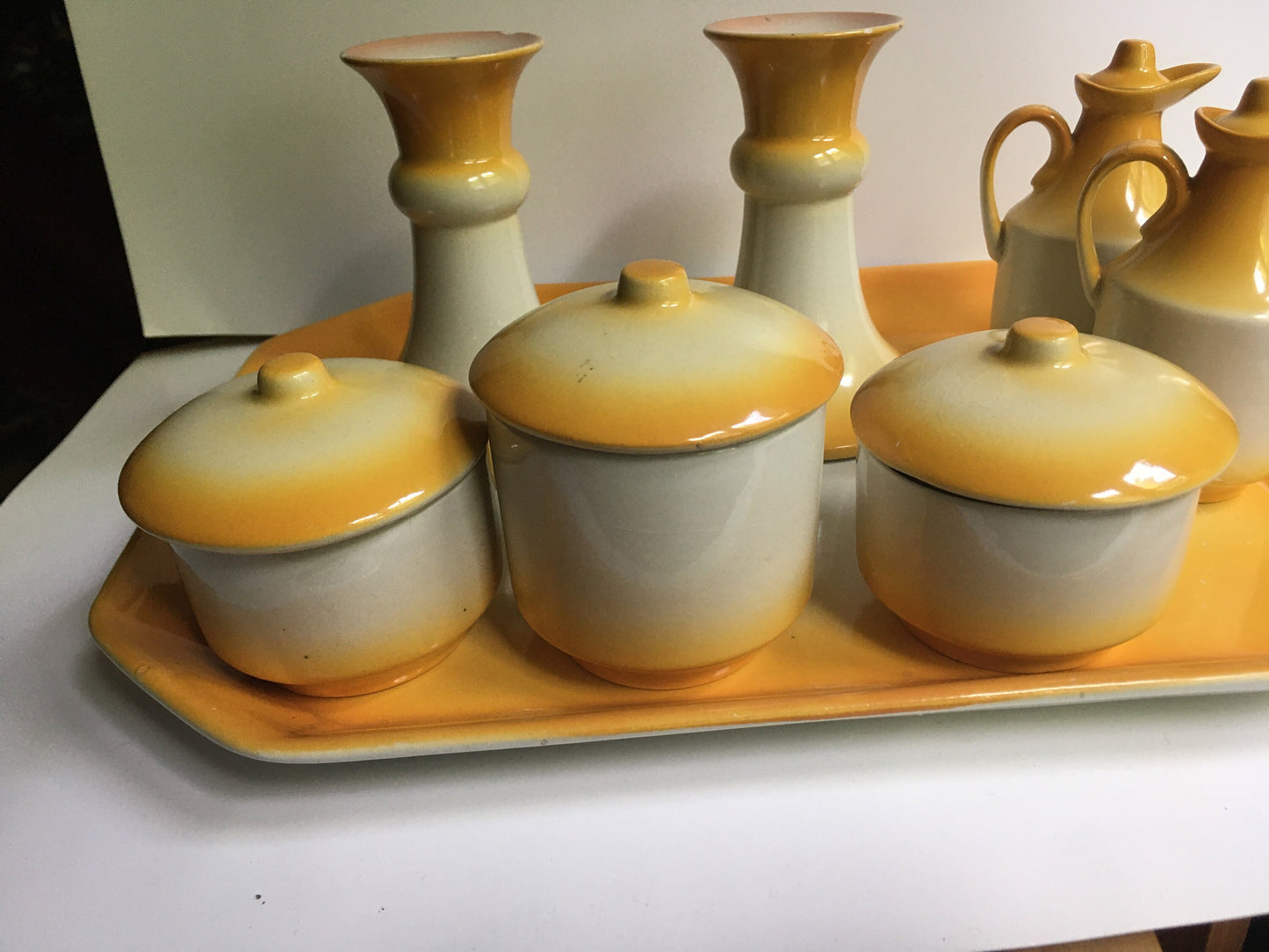 Beautiful vintage Yellow fade Adams Tunstall Dressing table set.