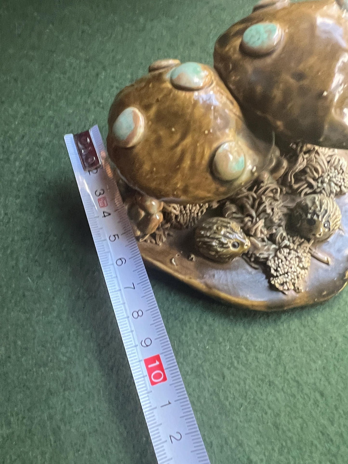Studio pottery toadstools and hedgehogs figurine. Signed by artist YD MA UK. Yare Designs Norfolk.