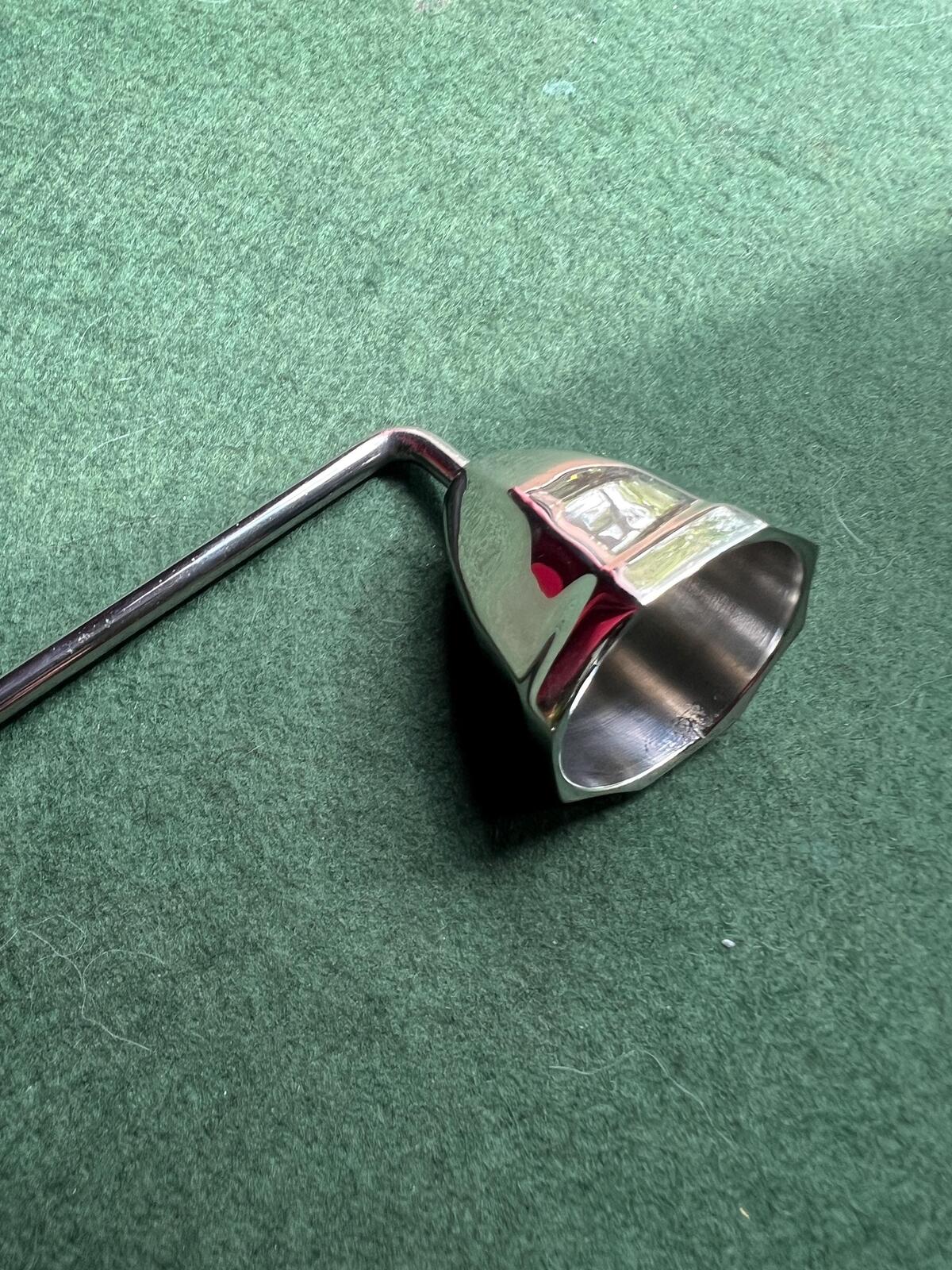 Vintage chrome silver metal candle snuffer. Stainless steel candle extinguisher.