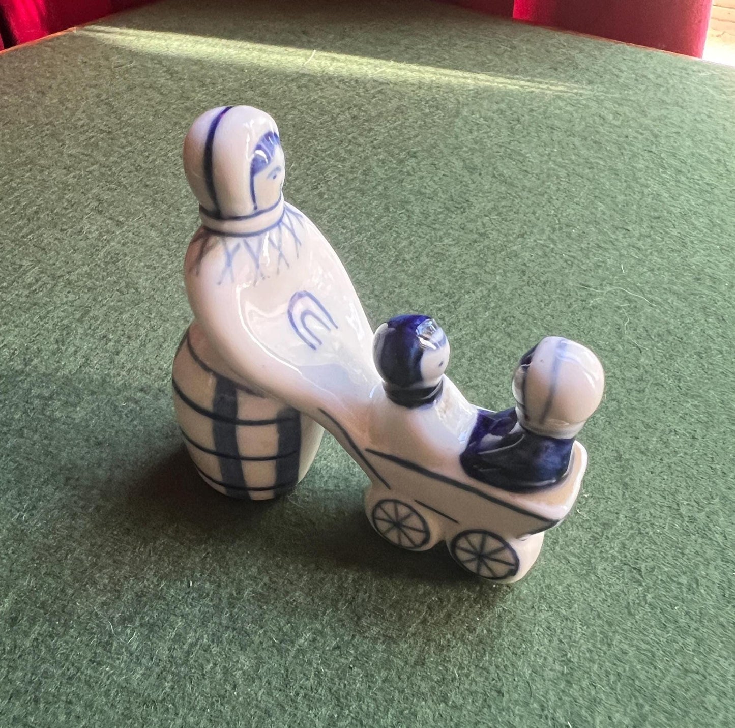 Vintage Gzhel Lady Mother Woman with Children Babies in Stroller Figurine Stamped Hand painted USSR.