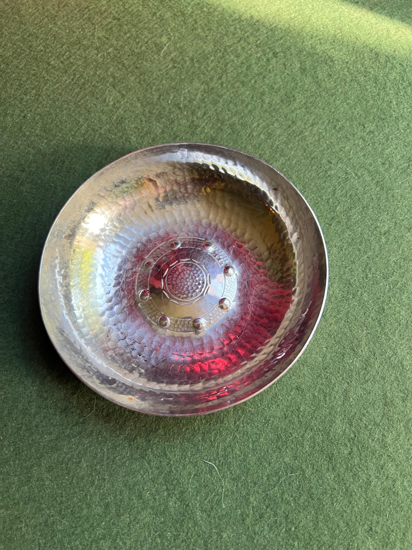 Arts and Crafts movement key coin dish. Trinket pin dish console. Stamped Borrowdale Hand beaten Stainless steel. Lakeland Rural Industries.