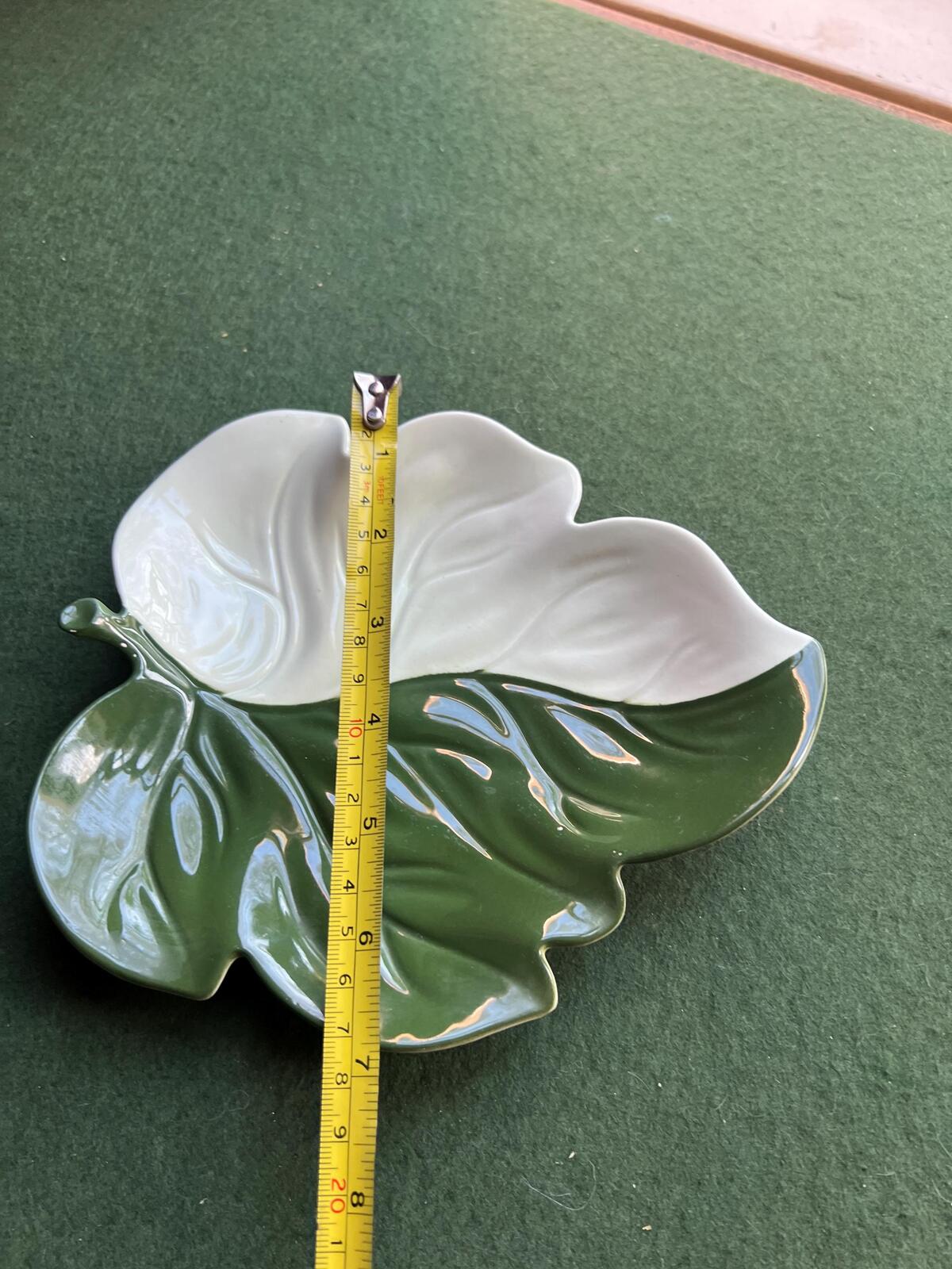 Vintage Carlton Ware leaf dish. Half green half white glazed trinket ring dish.