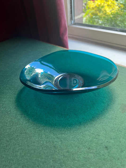 Vintage Turquoise blue glass console bowl. Sowerby glass Newcastle 1960s home decor.