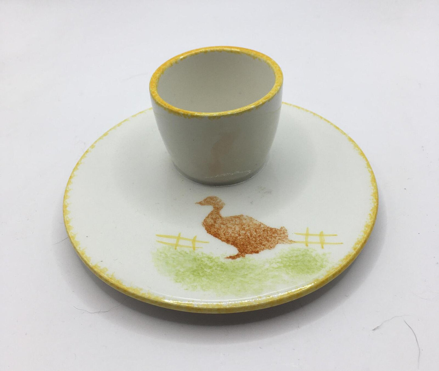 Ceramic Egg Cup. Vintage Silea Spongeware duck goose design.