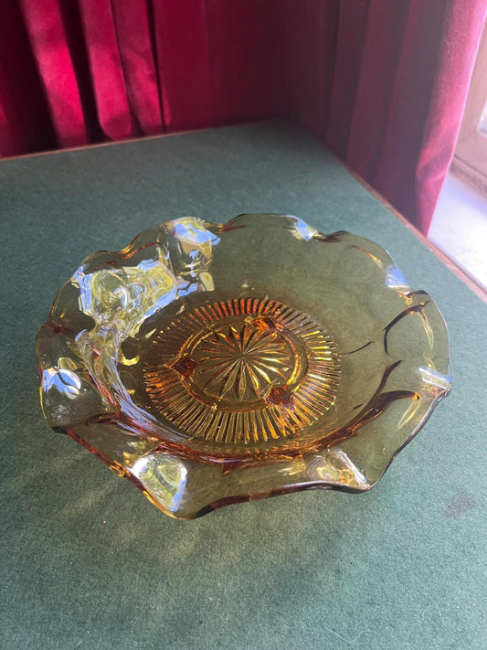 Vintage amber glass footed console bowl. Pressed glass decorative fruit serving bowl.