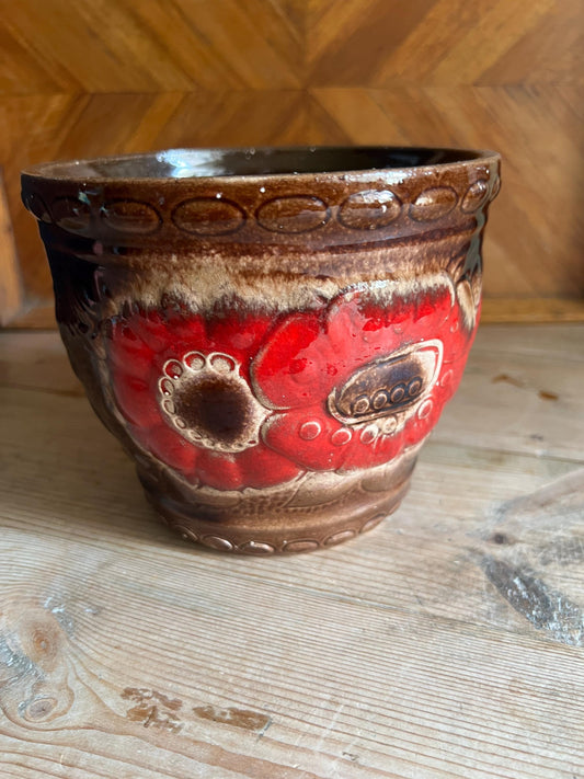 Vintage Fat lava glaze. West German pottery plant pot. Red flowers on brown glaze.