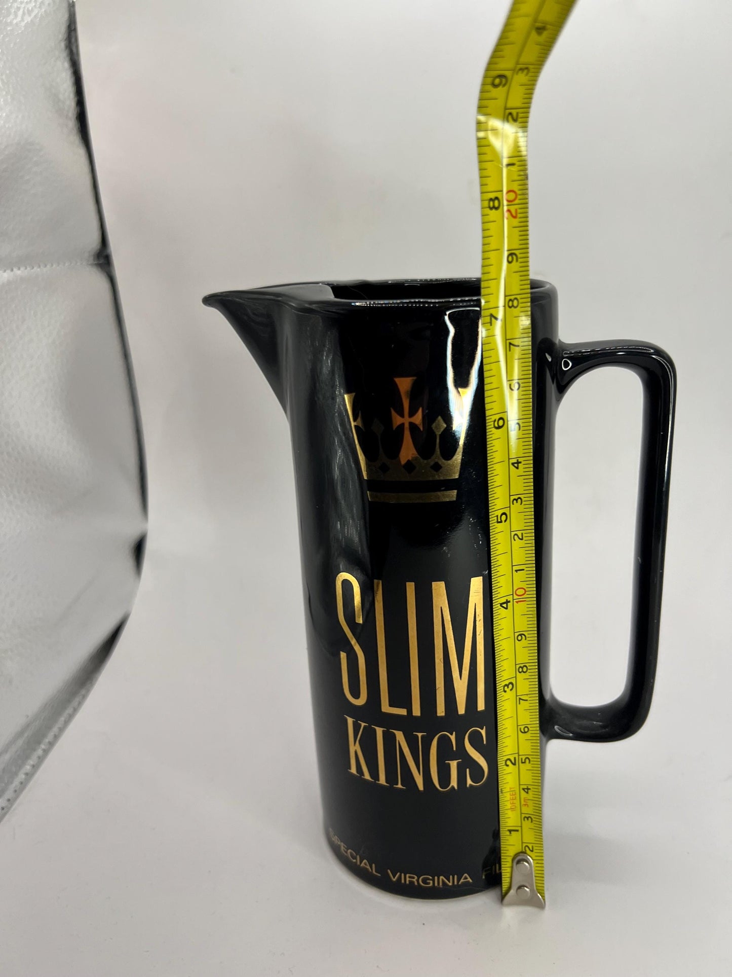 Black ceramic advertising barware water jug. Slim Kings Special Virginia Filter.