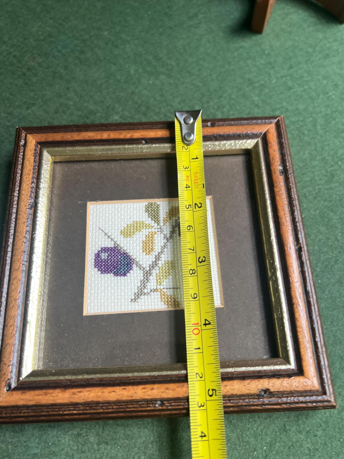 Hand stitched plum framed embroidery picture. Danish textile art gallery wall decor. Fruit theme textile arts.
