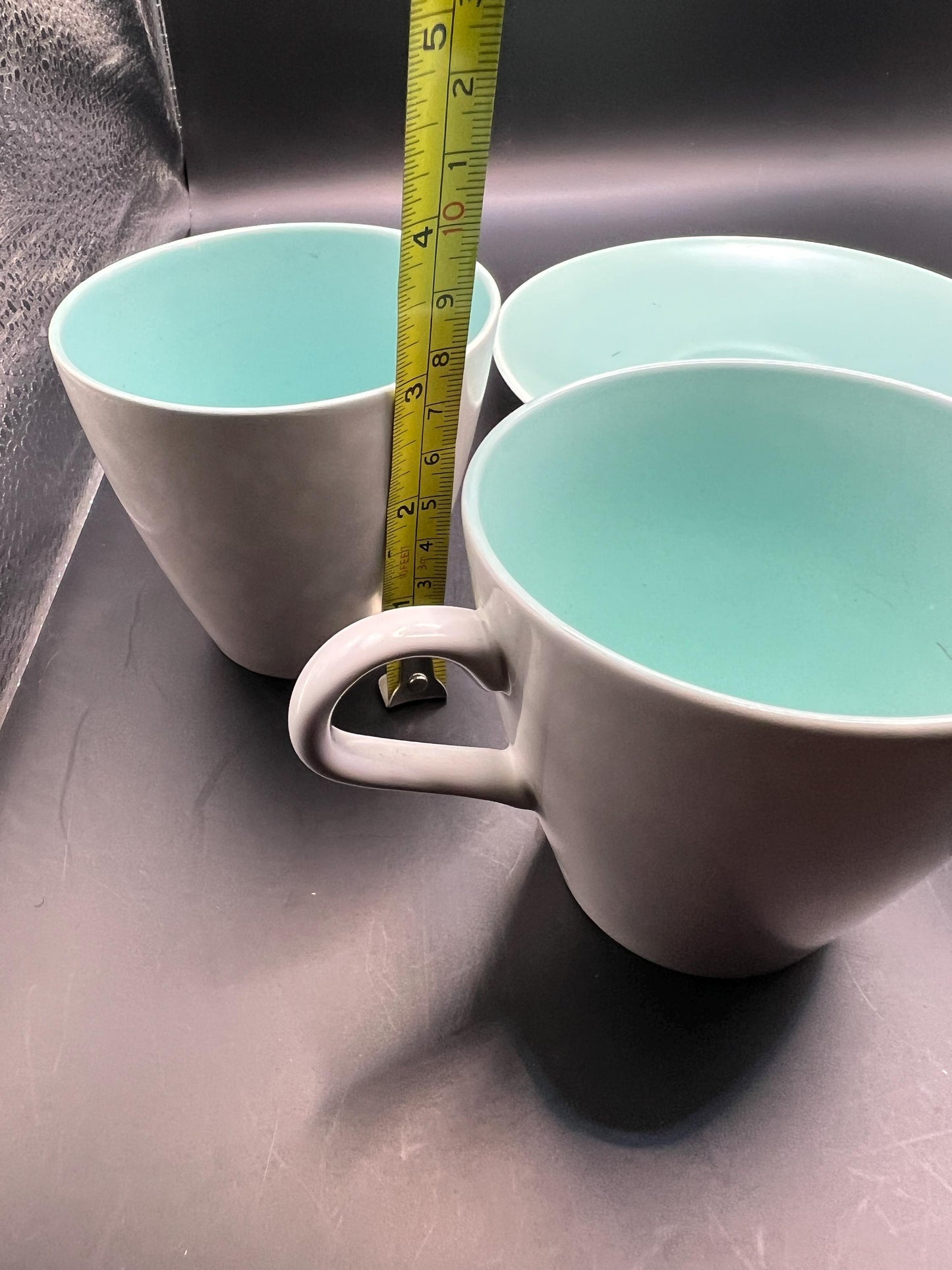2 Poole Pottery Streamline Shape Cups and Saucers in Twintone Ice Green & Seagull colour.
