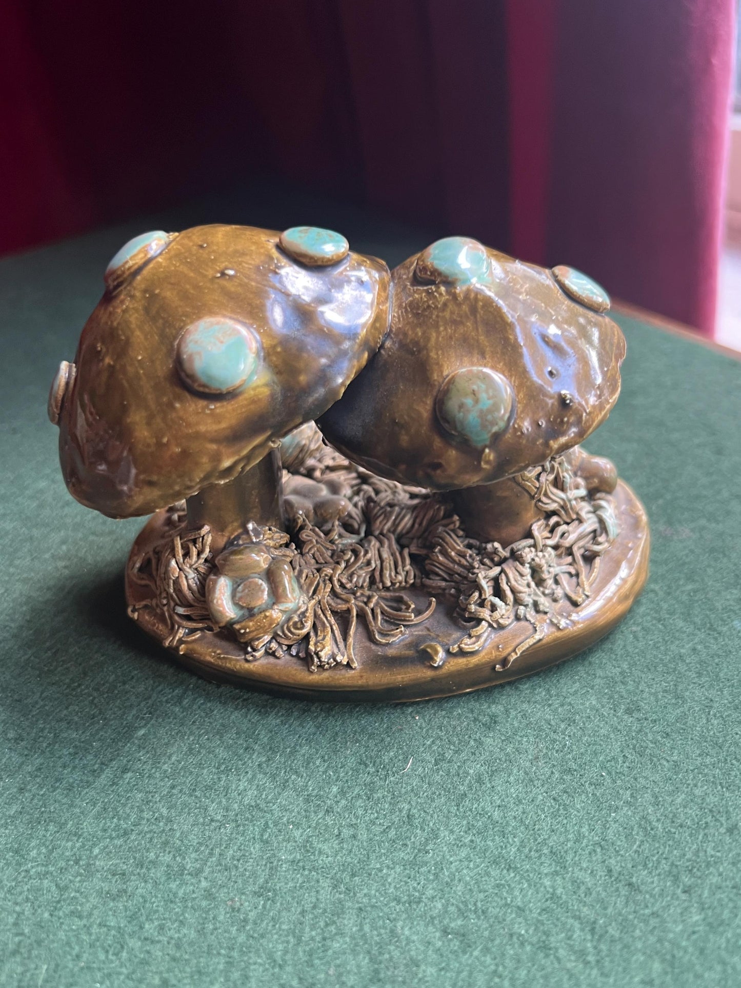 Studio pottery toadstools and hedgehogs figurine. Signed by artist YD MA UK. Yare Designs Norfolk.