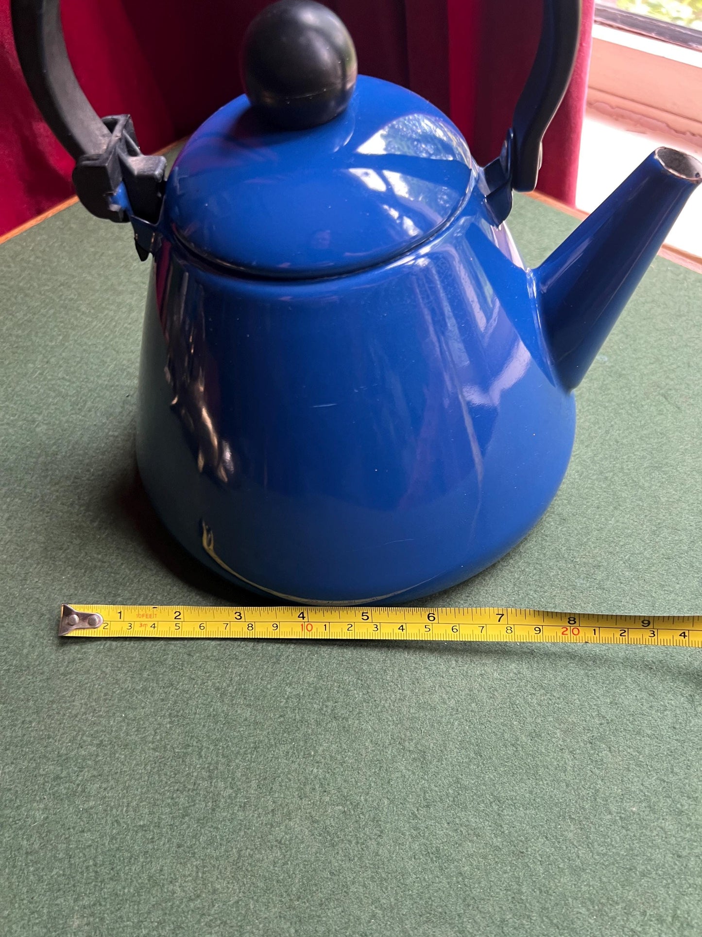 Vintage blue enamel kettle. Stove top kettle.