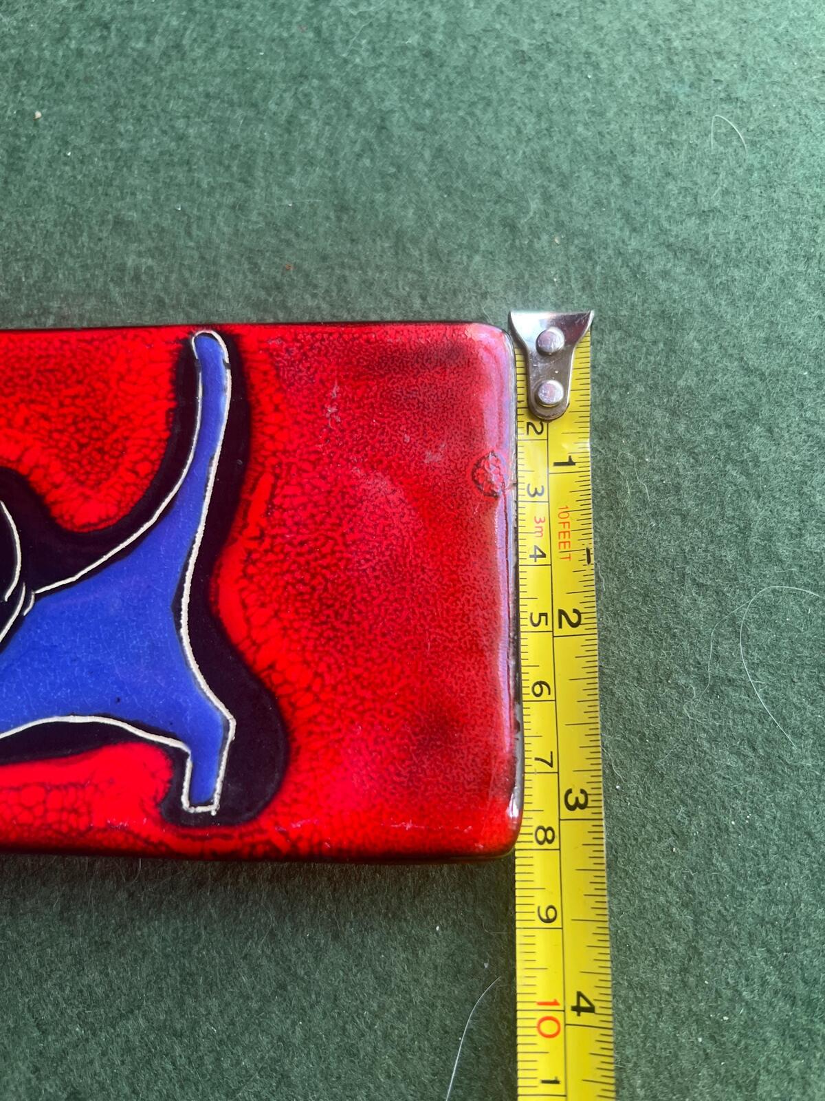 Raku pottery cat wall tile. Black kitten theme on red ceramic tile. Gallery wall decor.