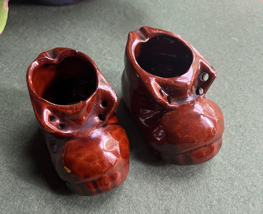 Vintage ashtray boots. Deep brown glaze.