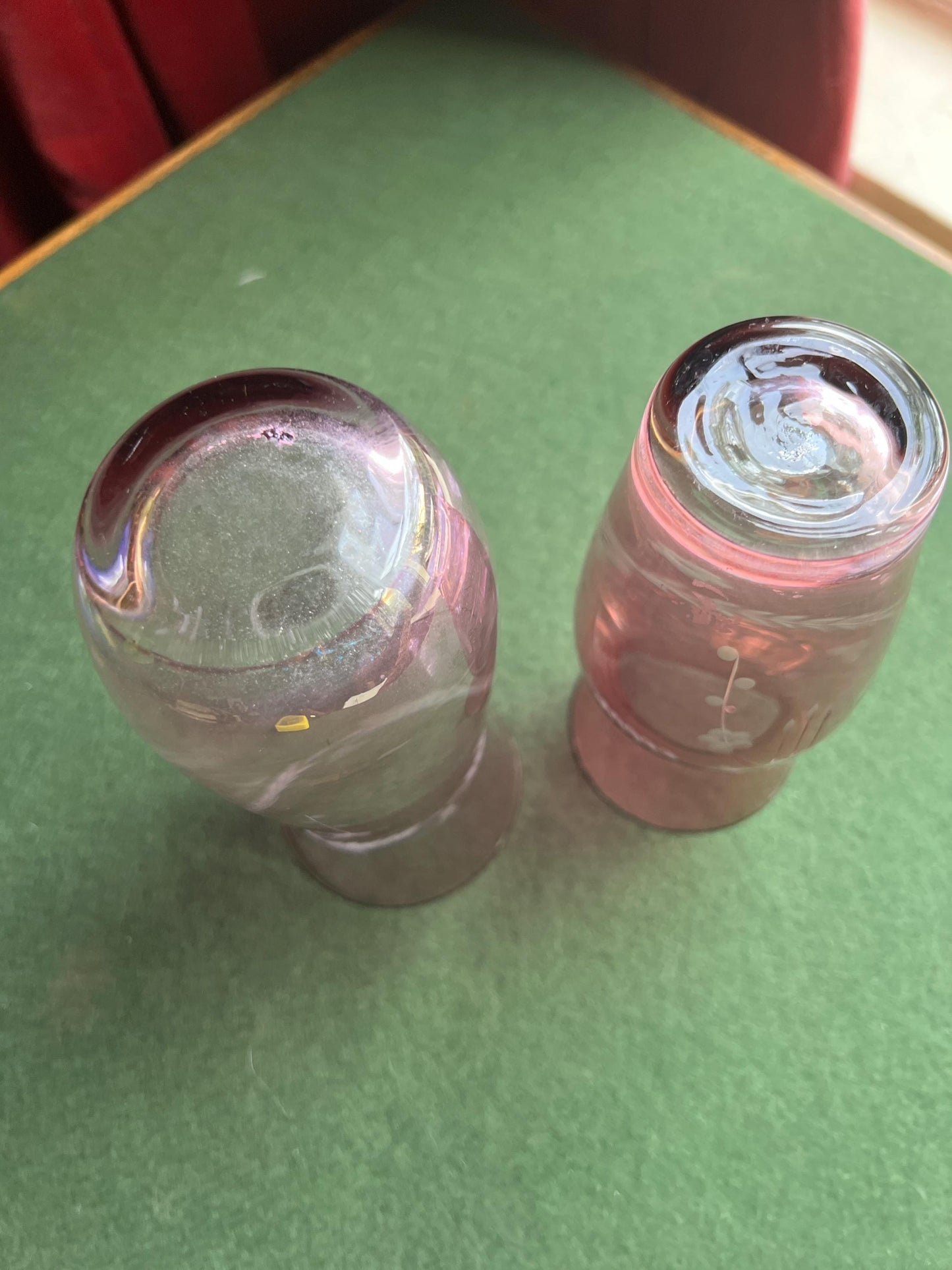 Bohemian Cranberry glass cut to clear decorative posy vase. 2 available.