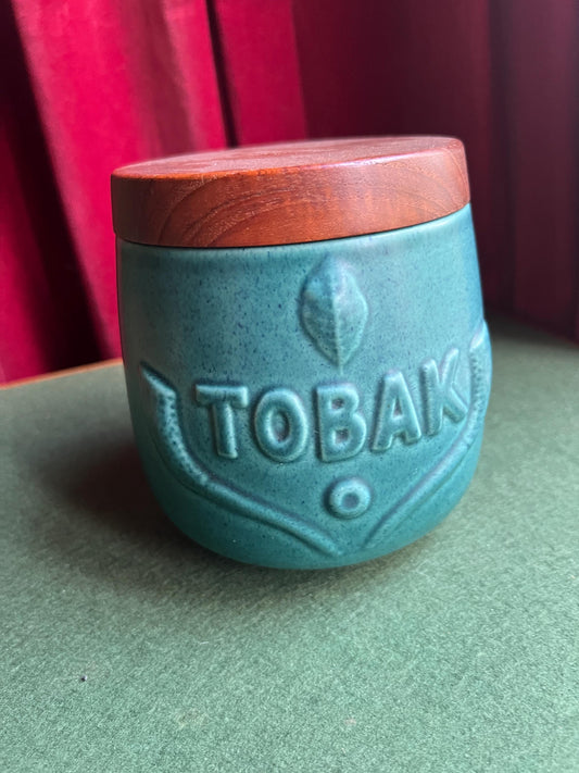 Vintage Søholm Denmark TOBAK Tobacco Jar Teak Lid Ceramic Teal blue Humidor