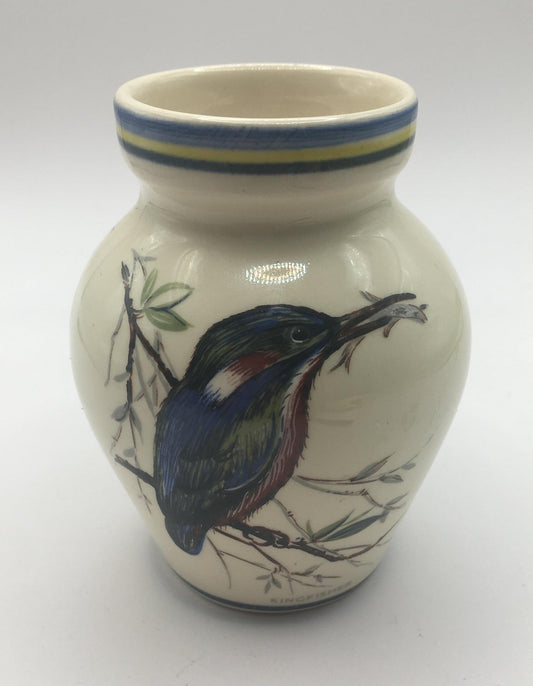 Ceramic bud posy vase. Double sided design Kingfisher and Crested Tit. Brixham Pottery Devon.