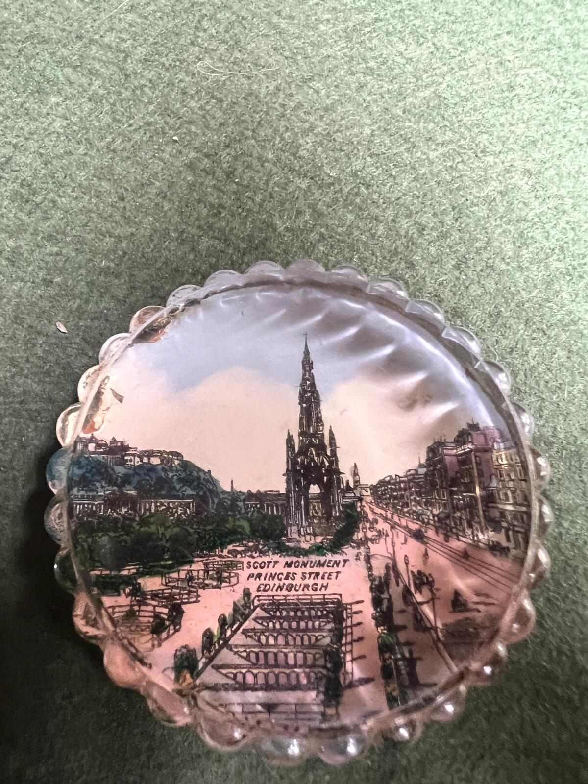 Victorian souvenir paperweight. Photographic Scott Monument Edinburgh scene. Antique home decor lover gift.