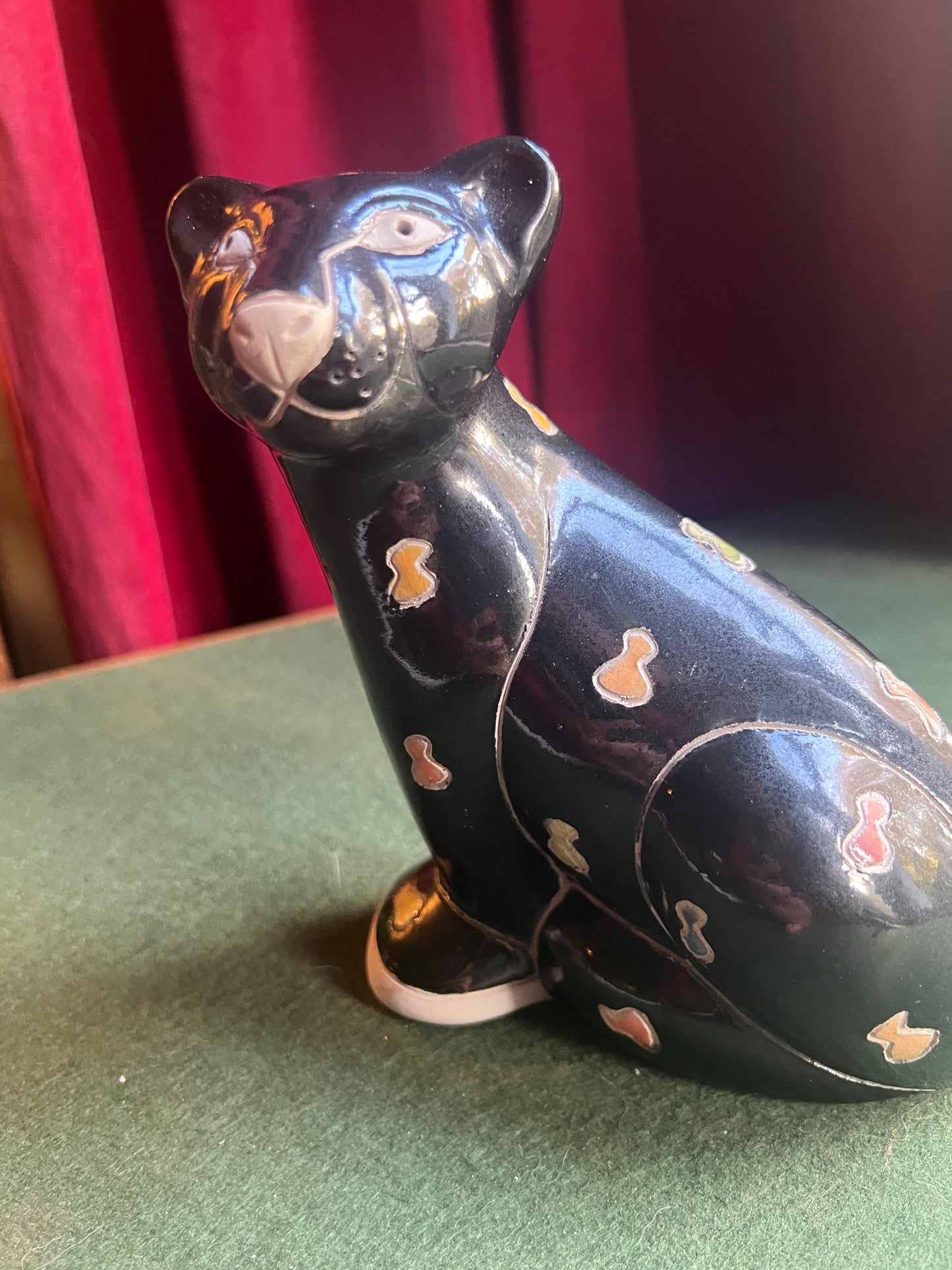 Studio pottery black panther. Hand made signed South African Raku pottery stylised panther figurine.