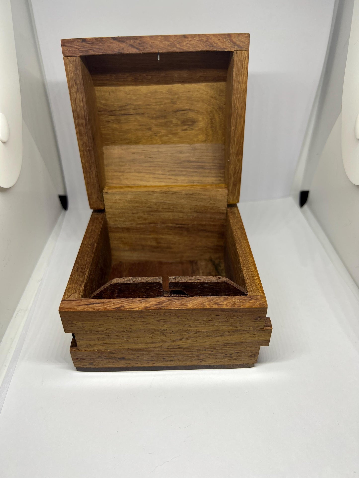 Wooden lidded secret lock treasure box. Inlaid marquetry bird themed domed jewellery box.